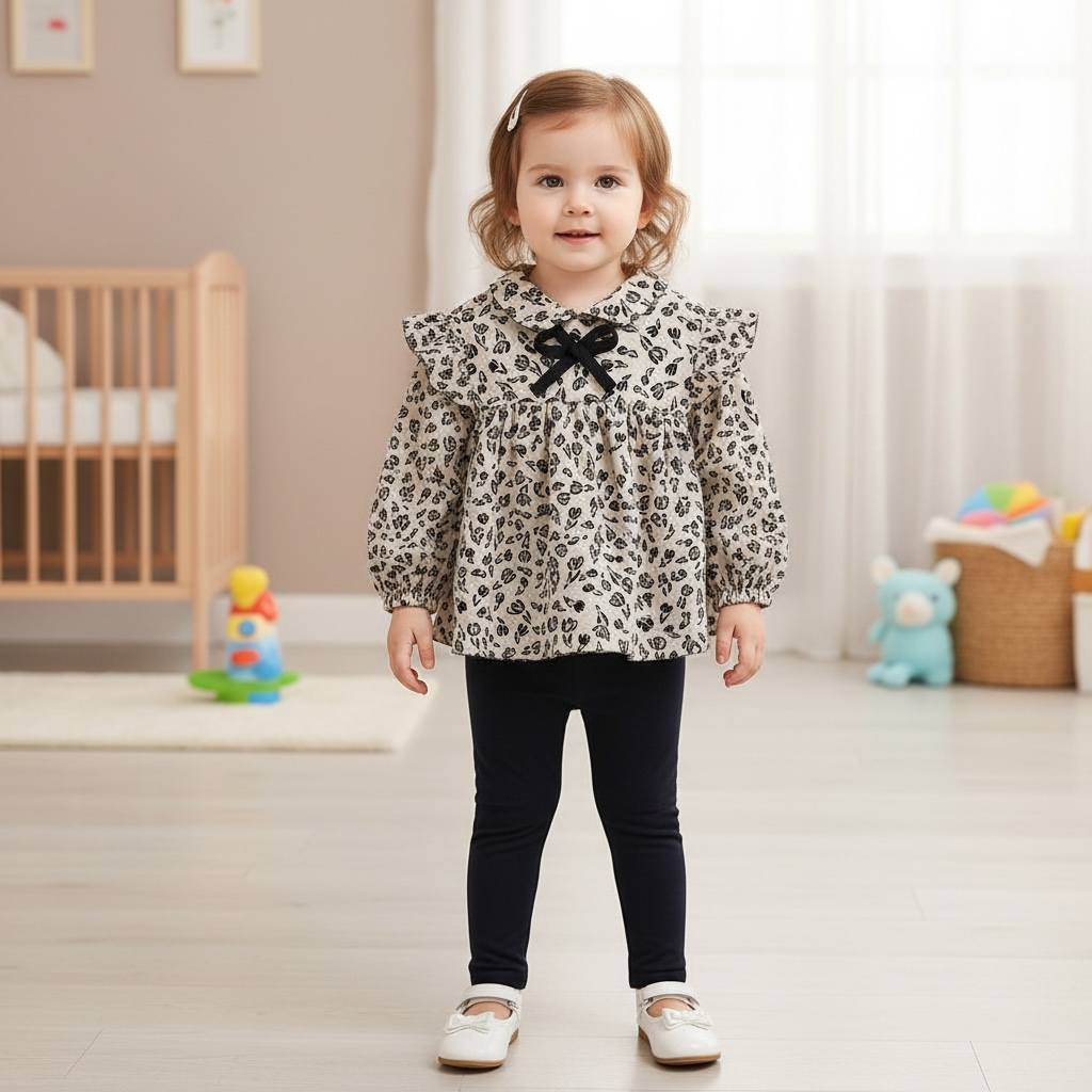 Floral Print Ruffle Top & Leggings Set - Ivory & Black