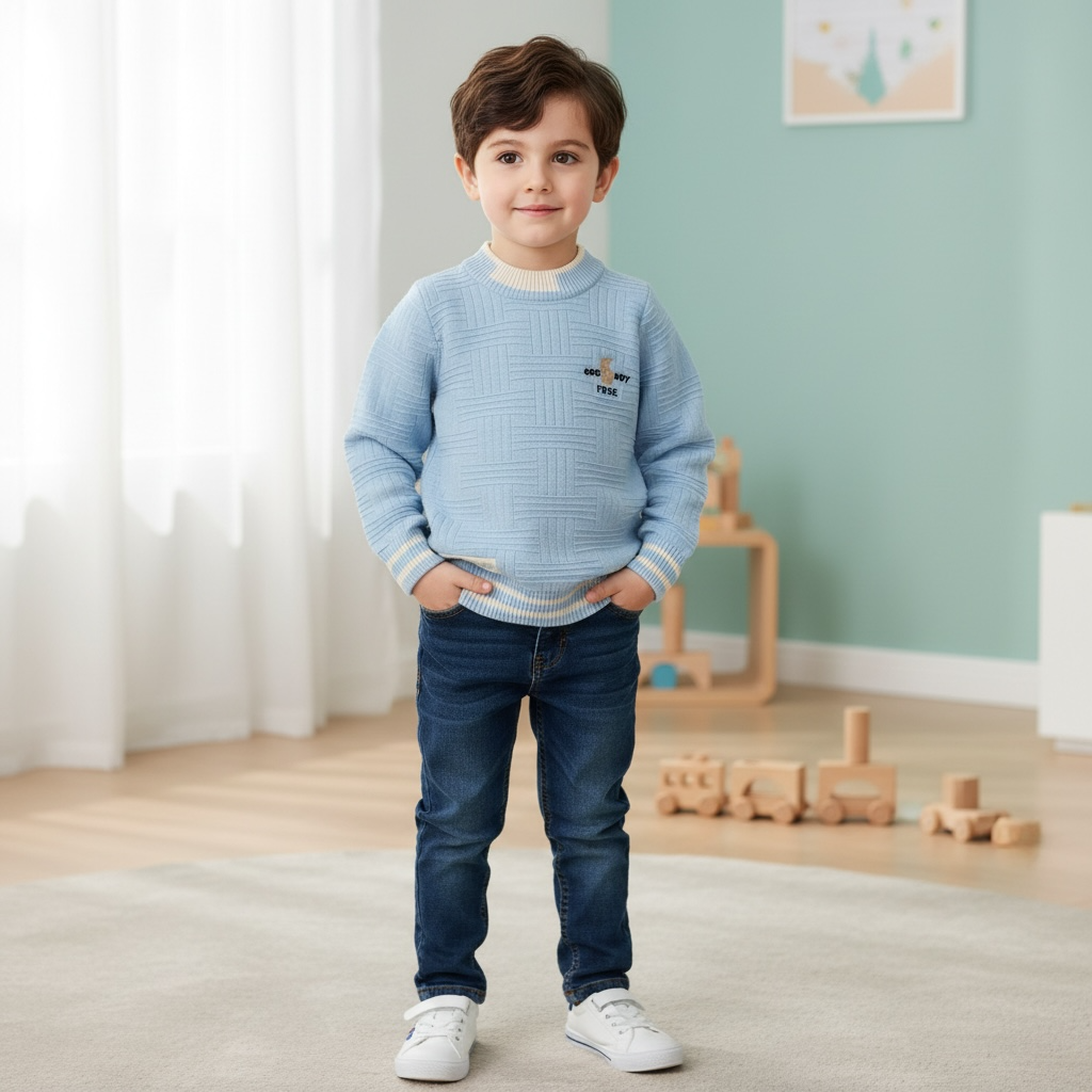 Boys Textured Knit Sweater Jersey – Light Blue