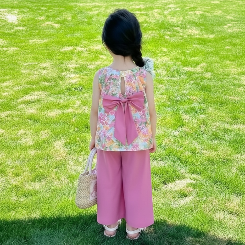 Floral Bow-Back Top & Wide-Leg Set