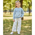 Sky Blue Knit Sweater & Floral Embroidered Wide-Leg Pants Set