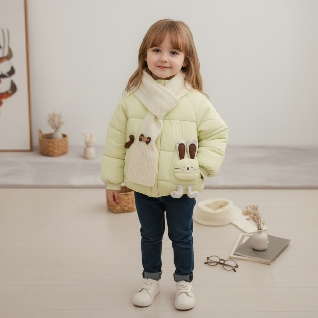Bunny Hooded Puffer Jacket with Knit Scarf