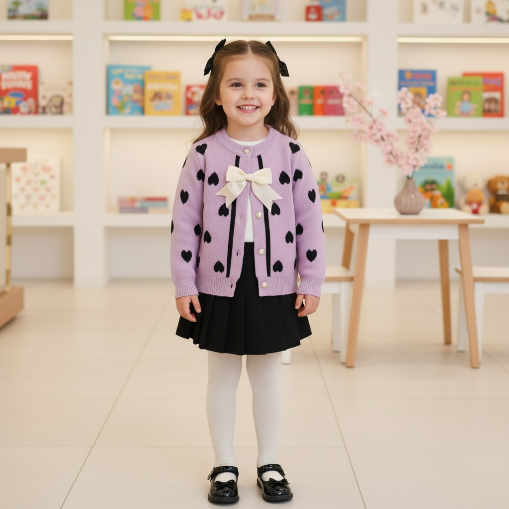 Girls Heart Knit Cardigan Jersey – Lilac with Bow