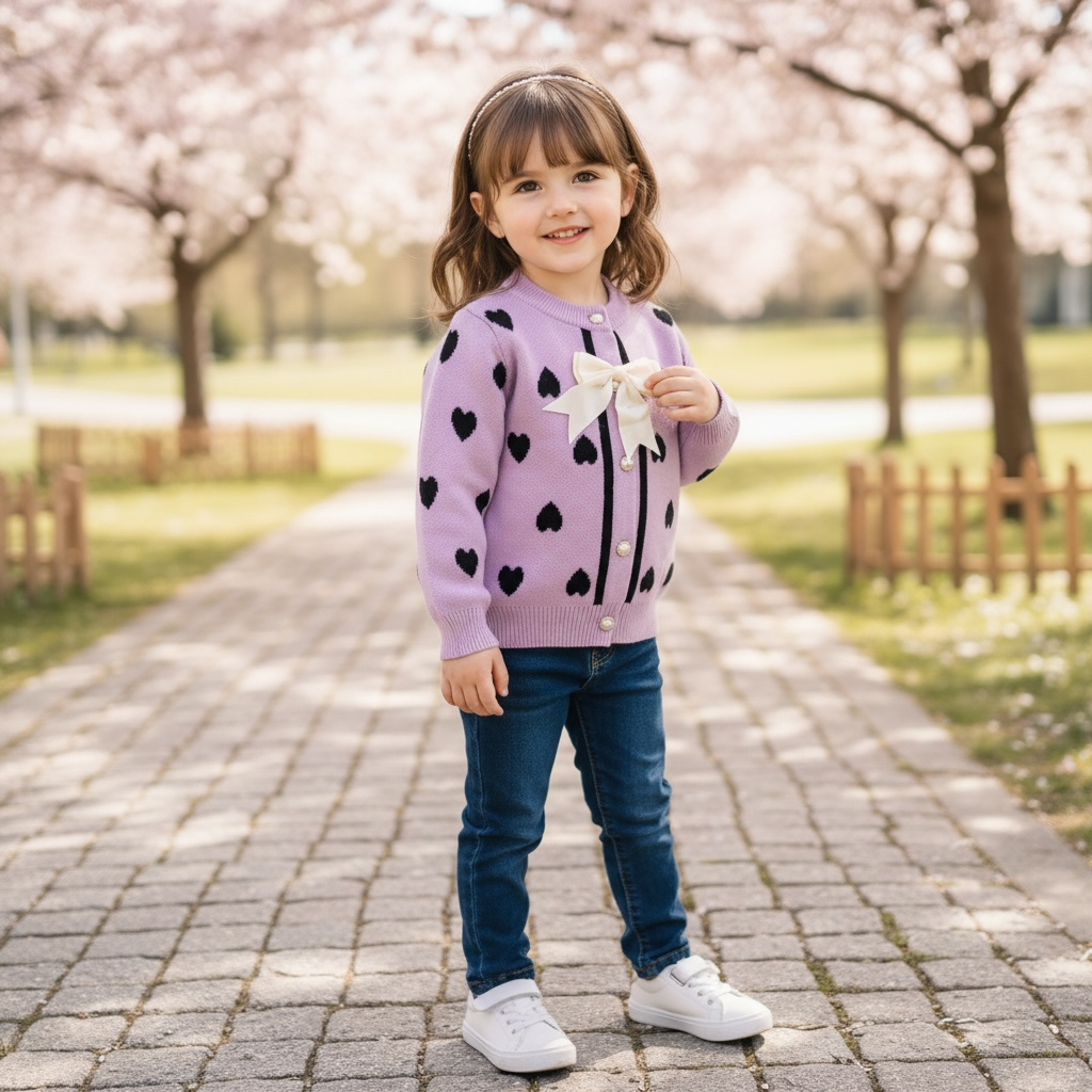 Girls Heart Knit Cardigan Jersey – Lilac with Bow