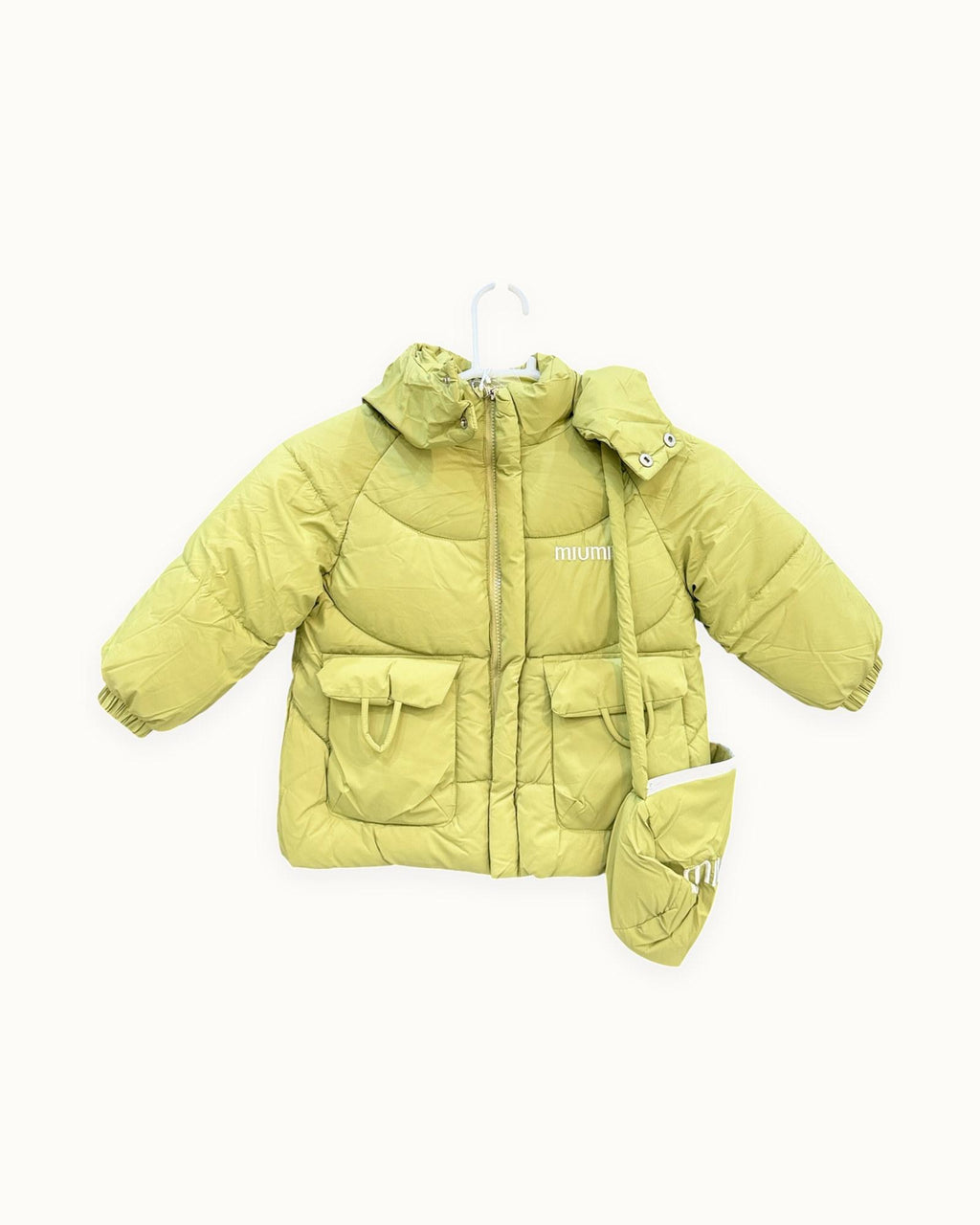 Lime green hooded puffer jacket for kids with detachable hood and matching zip pouch