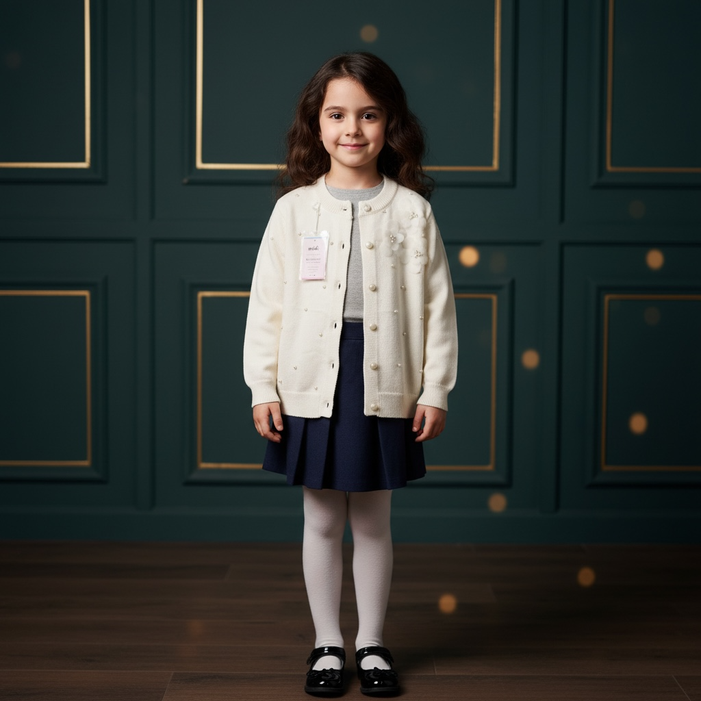 Girls Pearl Embellished Knit Cardigan Jersey – Cream with 3D Flowers