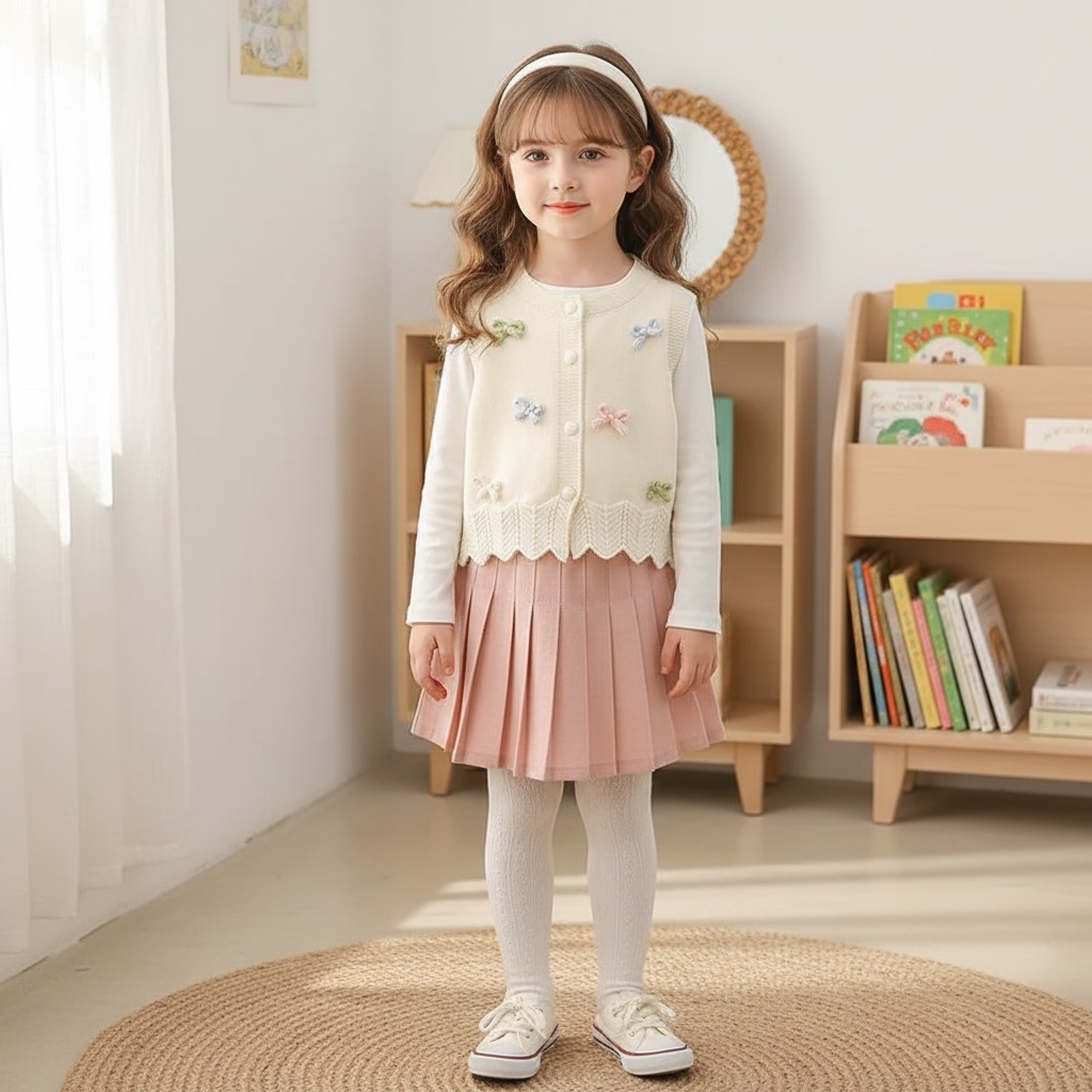 Cream Button-Front Knit Sweater Vest with 3D Bow Detail