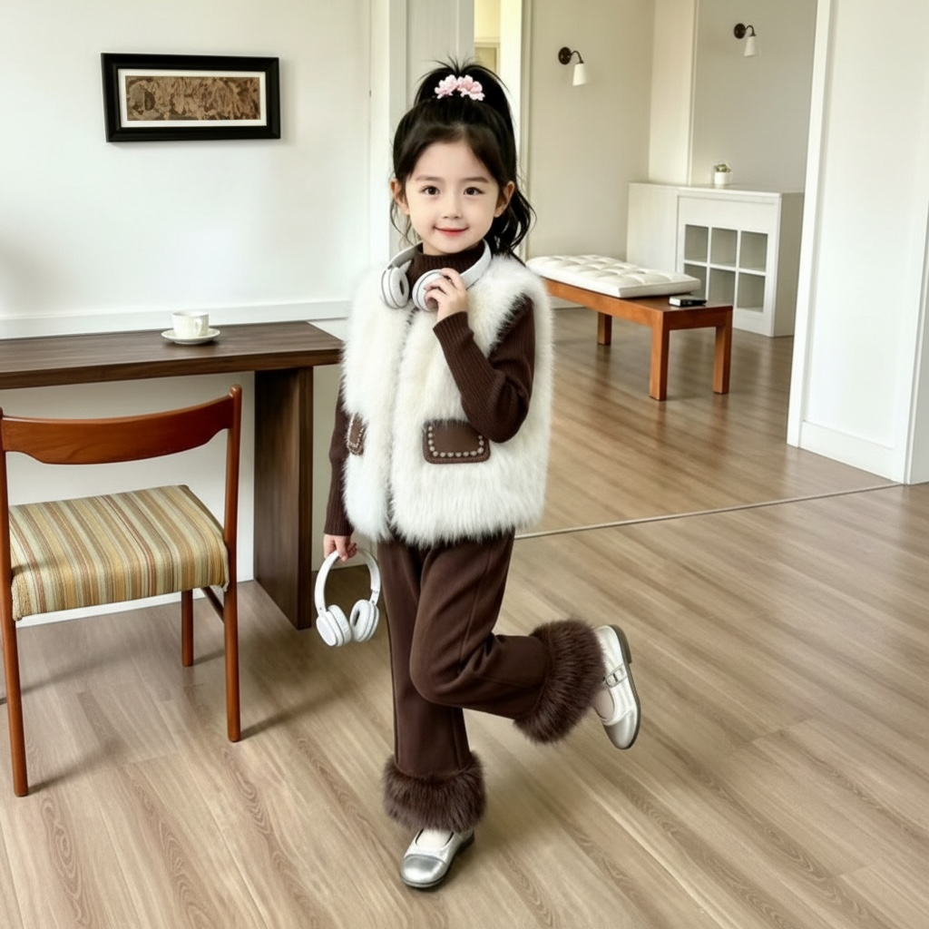 Girls Faux Fur 3-Piece Set - Pocket Vest, Inner Top & Trousers