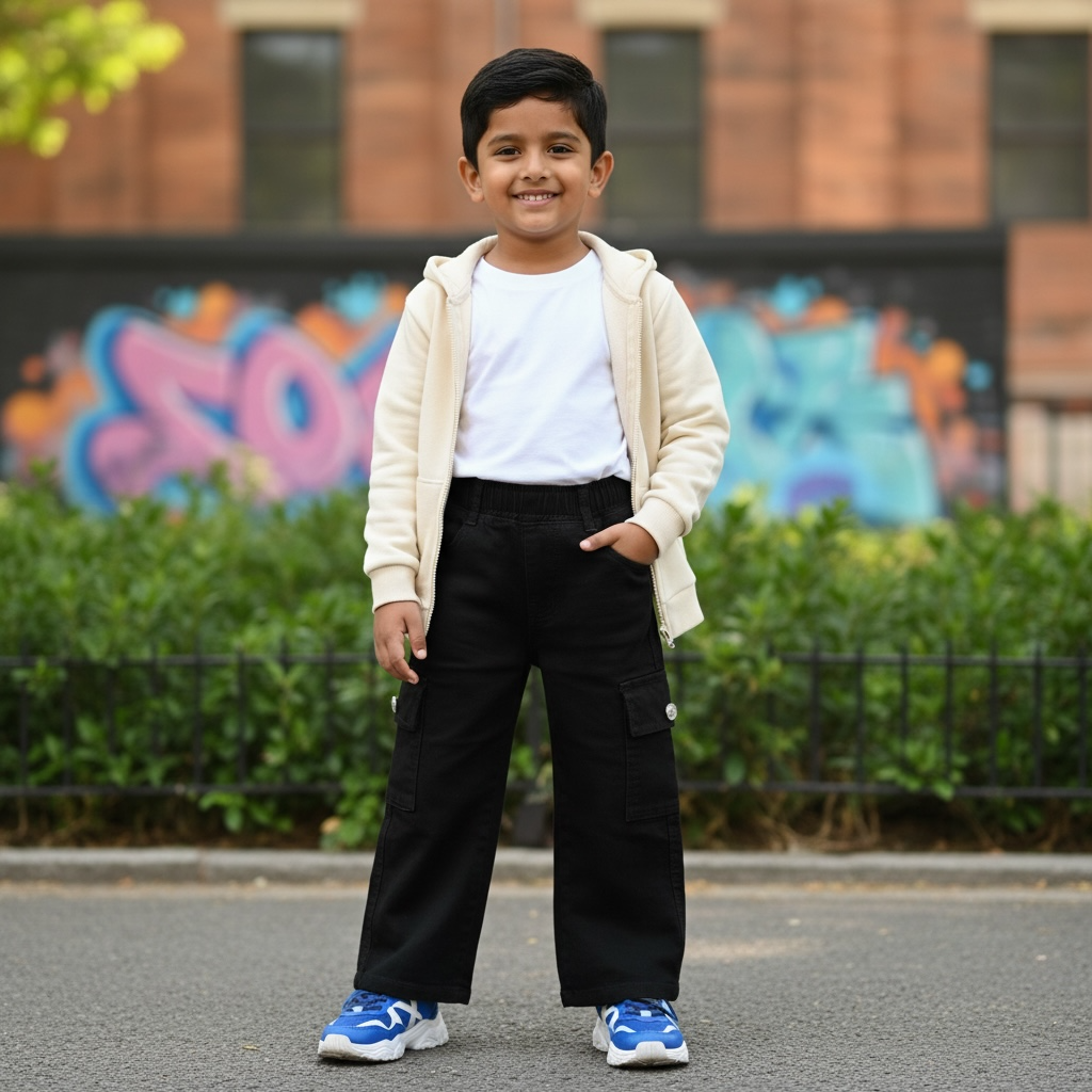 Kids Wide-Leg Cargo Trousers – Black (Unisex)