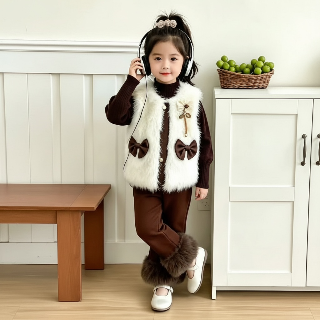 Girls Faux Fur 3-Piece Set - Bow Vest, Inner Top & Trousers