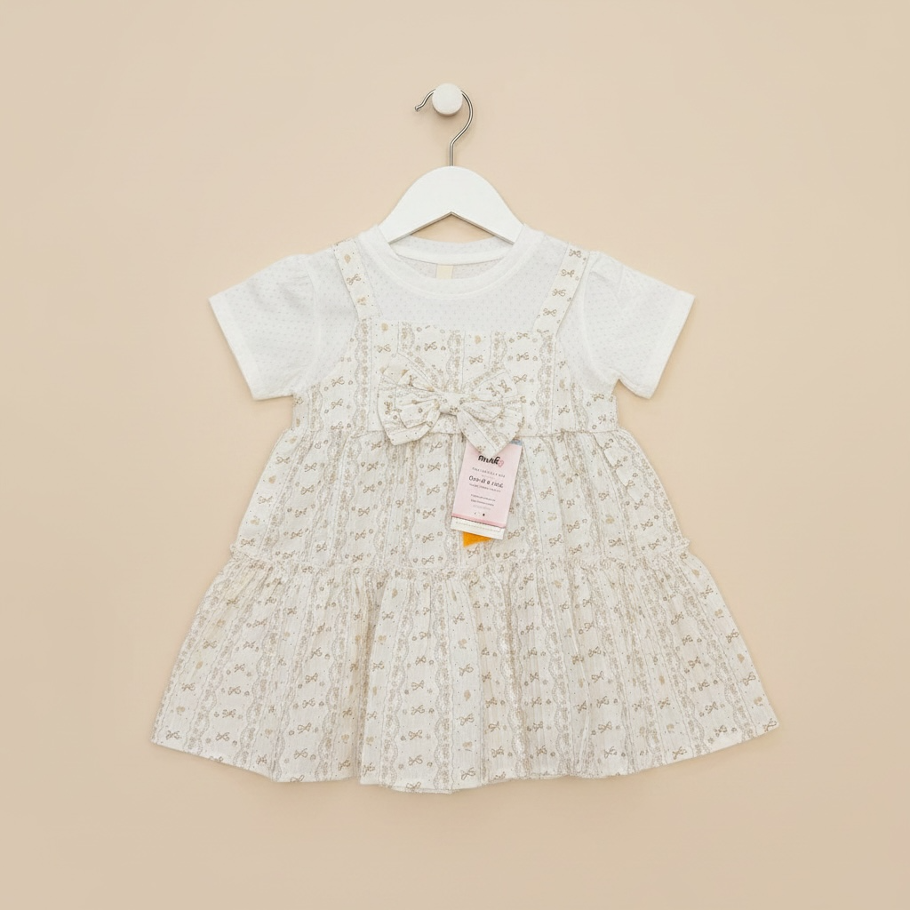Vintage Bow Print Pinafore Frock with Tee – Cream