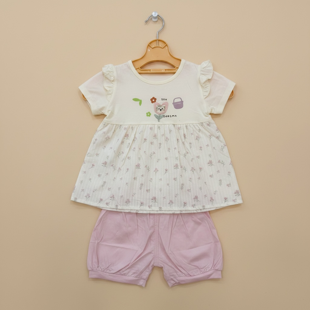 Tulip Kitty Peplum Top & Bloomer Shorts Set – Cream & Pink