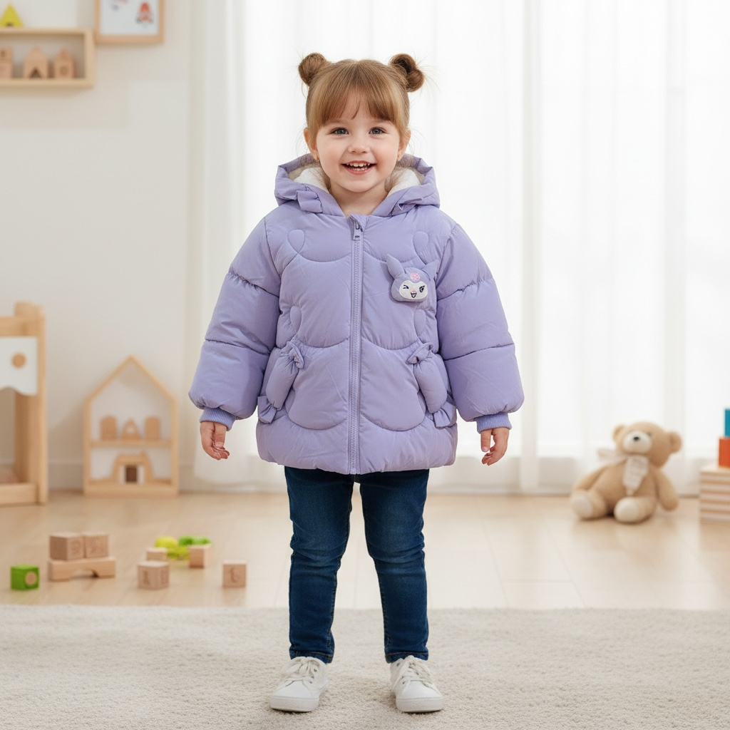 Girl wearing lilac ruffle hood puffer jacket, front view with quilted hearts and bow pockets