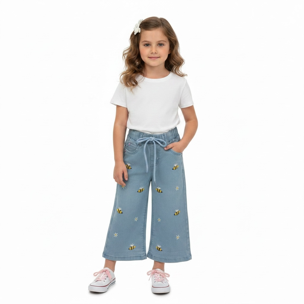 Kids Bee & Daisy Embroidered Wide-Leg Trouser – Light Blue
