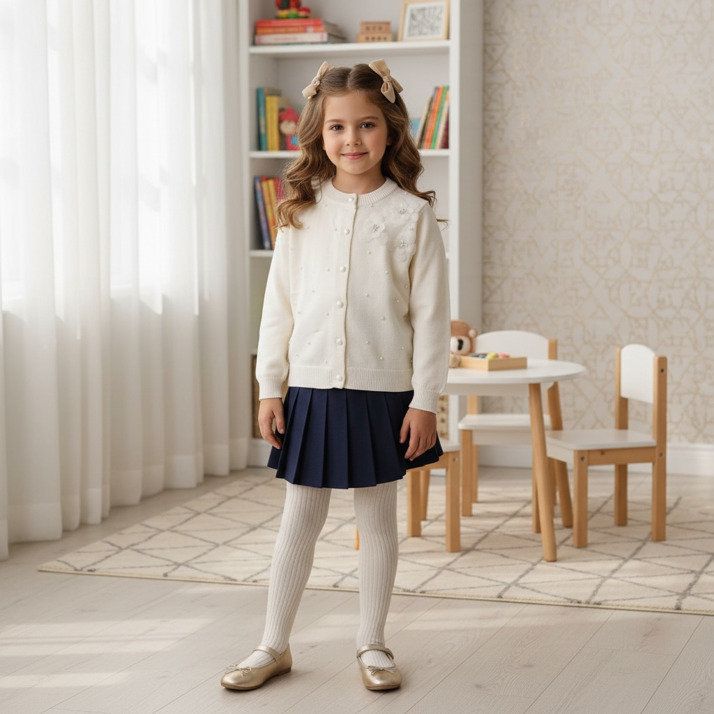 Girls Pearl Embellished Knit Cardigan Jersey – Cream with 3D Flowers