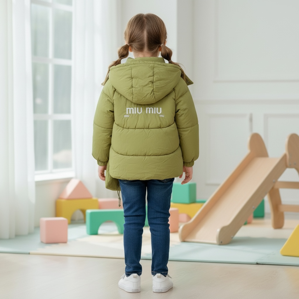 Lime green hooded puffer jacket shown from the back with hood up