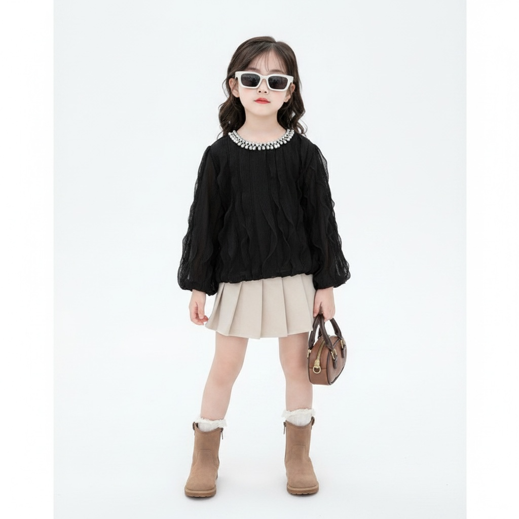 Pearl Neckline Textured Chiffon Top – Black