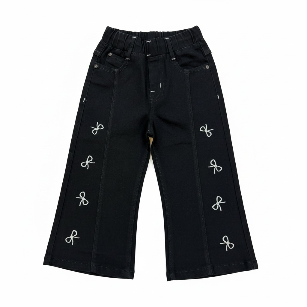 Kids Bow Embroidered Wide-Leg Trousers – Black