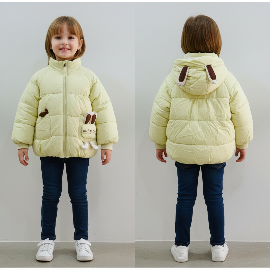 Bunny Hooded Puffer Jacket with Knit Scarf