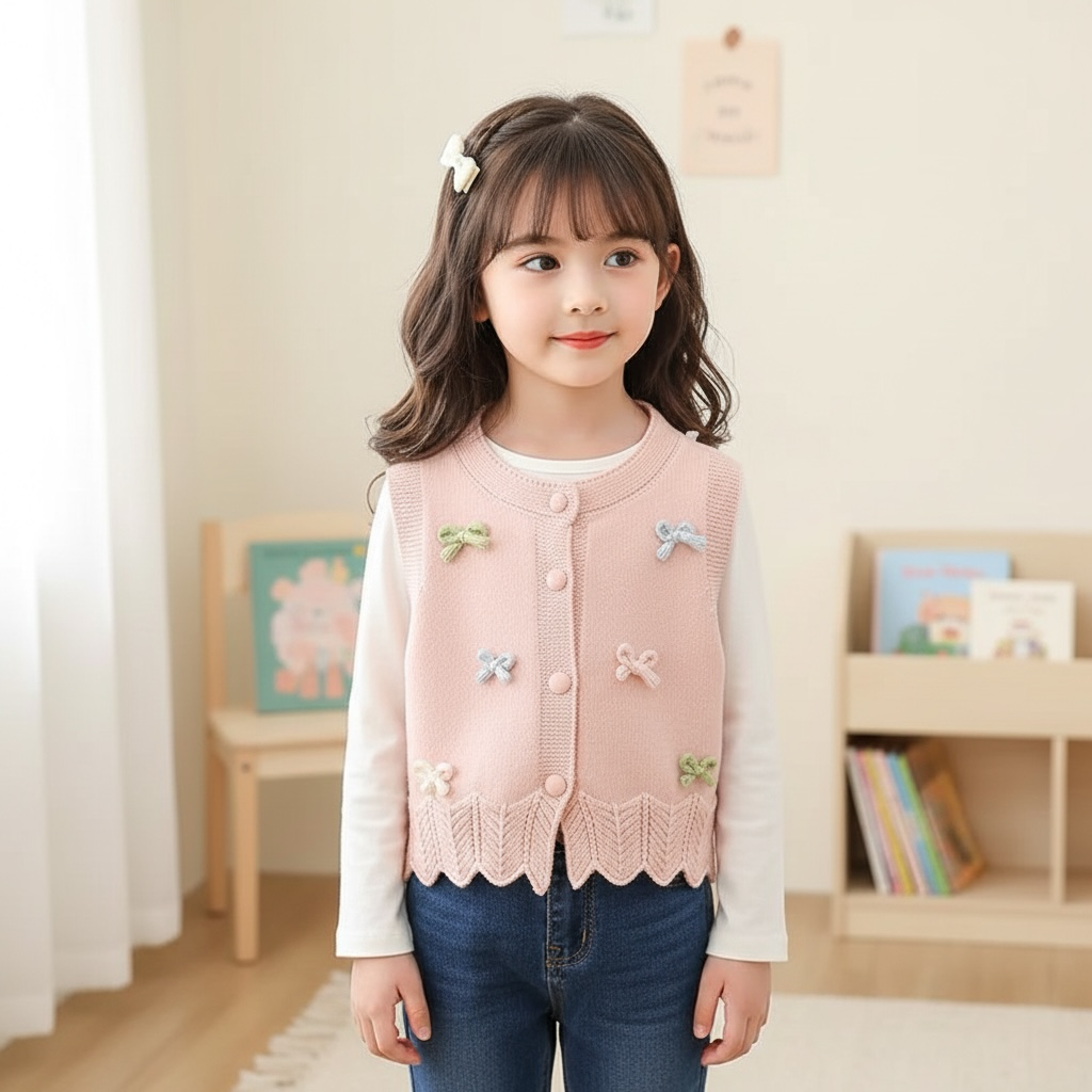 Pink Button-Front Knit Sweater Vest with 3D Bow Detail