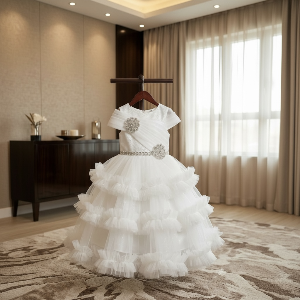 Girls Tiered Ruffle Tulle Party Frock - White