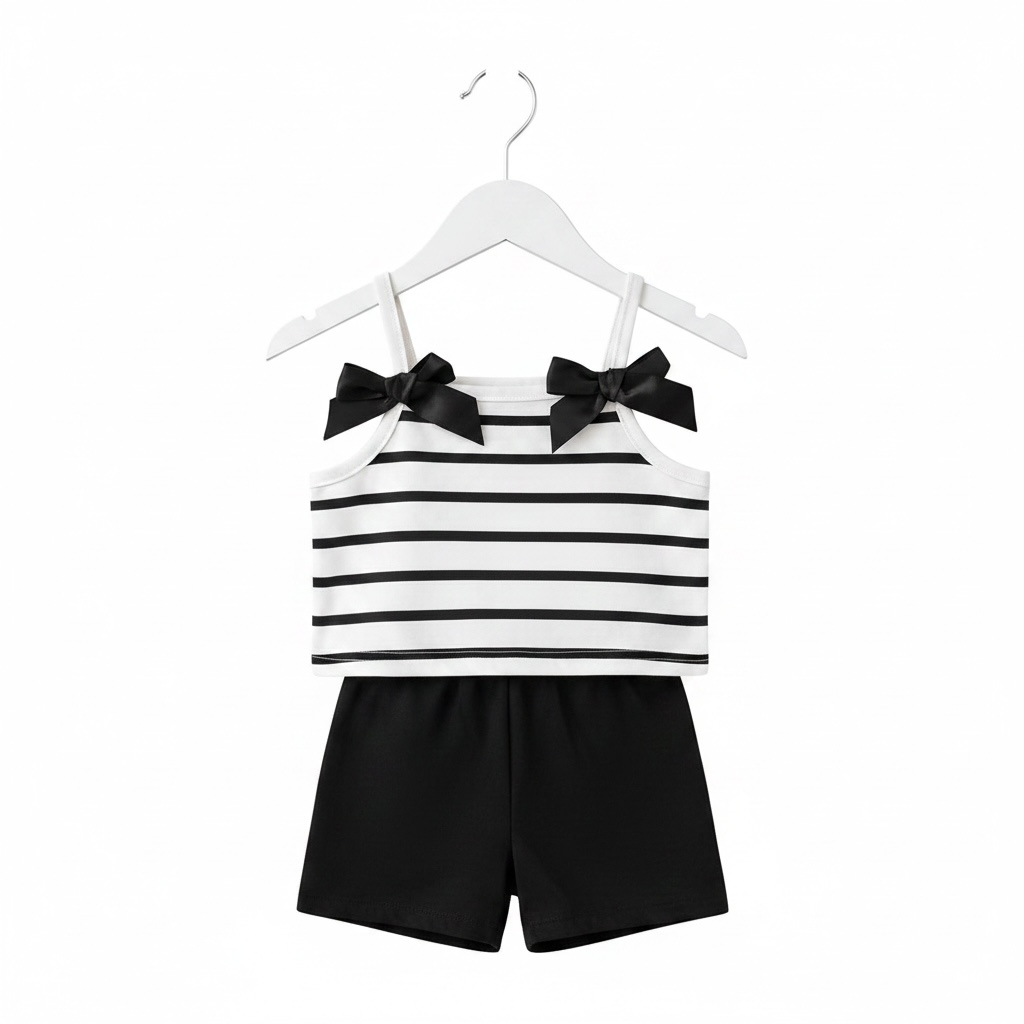 Striped Bow Top & Black Shorts Set