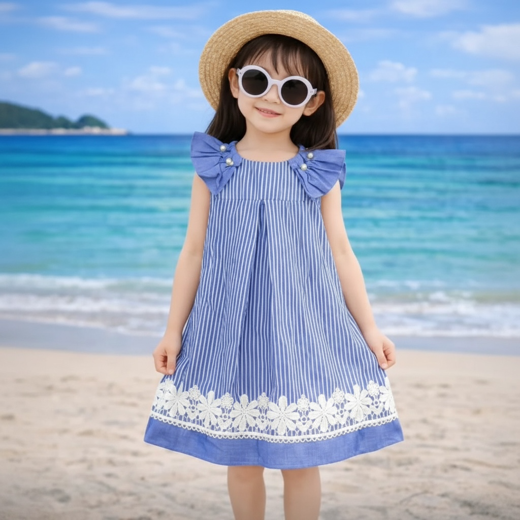 Blue Stripe Lace-Hem Summer Dress