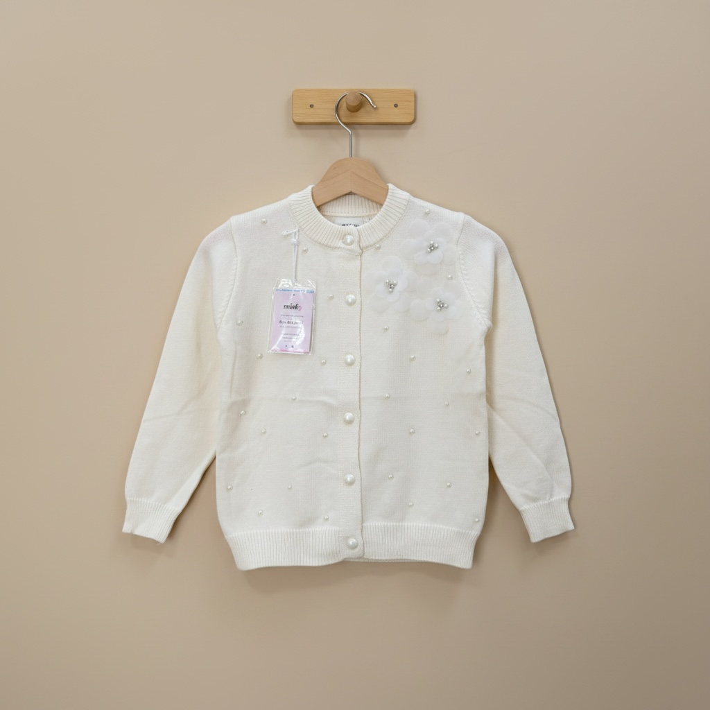 Girls Pearl Embellished Knit Cardigan Jersey – Cream with 3D Flowers