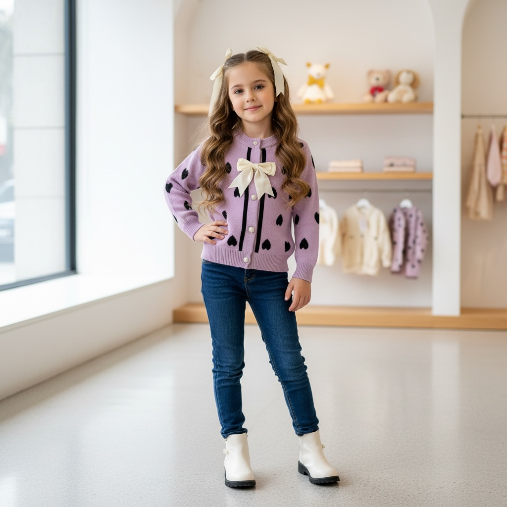 Girls Heart Knit Cardigan Jersey – Lilac with Bow