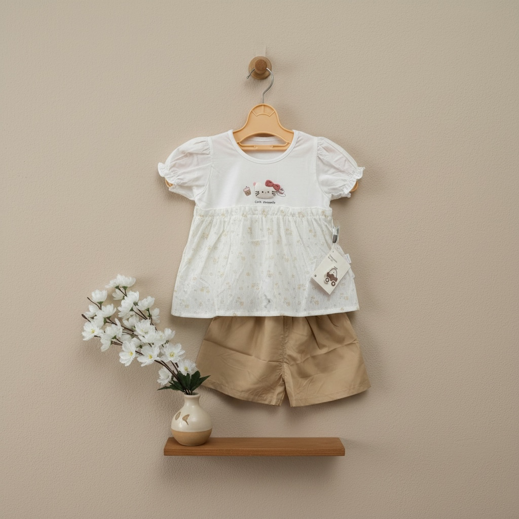 Kitty Bow Frill Top & Khaki Shorts – Girls 2-Piece Cotton Set