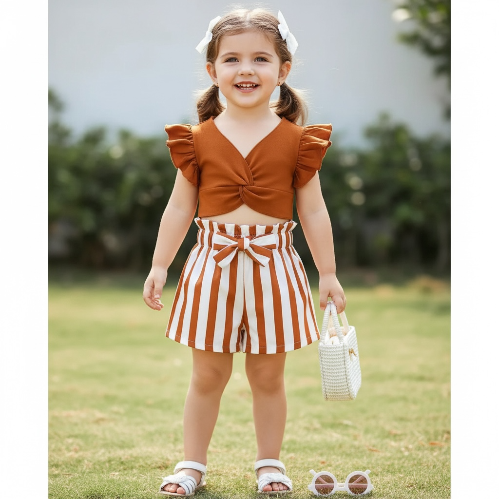 Rust Ruffle Top & Striped Bow Shorts Set