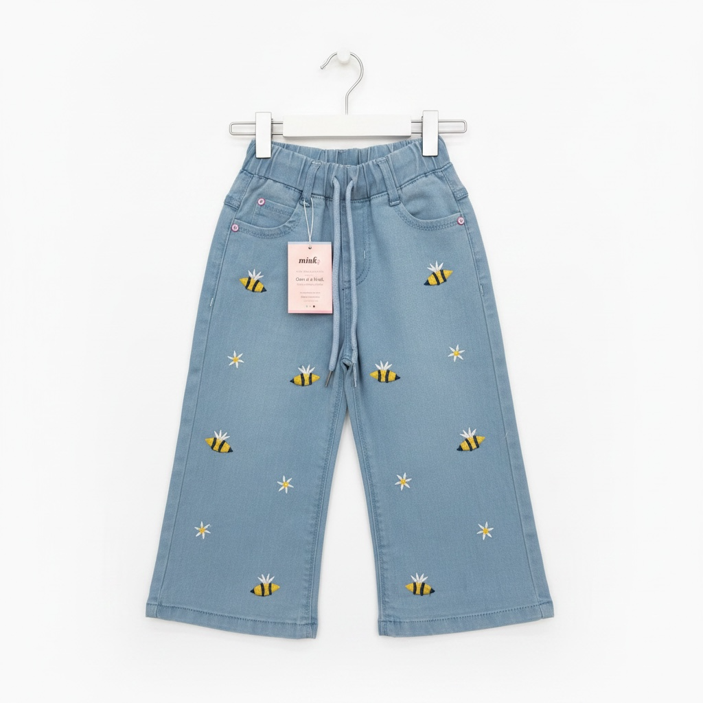 Kids Bee & Daisy Embroidered Wide-Leg Trouser – Light Blue