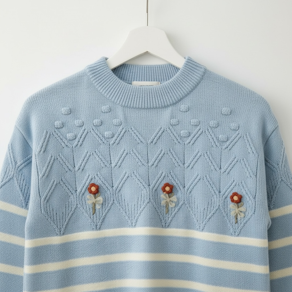 Floral Striped Knit Sweater with Textured Yoke