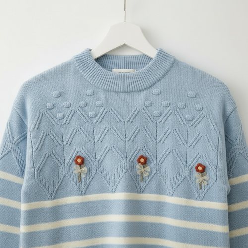 Floral Striped Knit Sweater with Textured Yoke