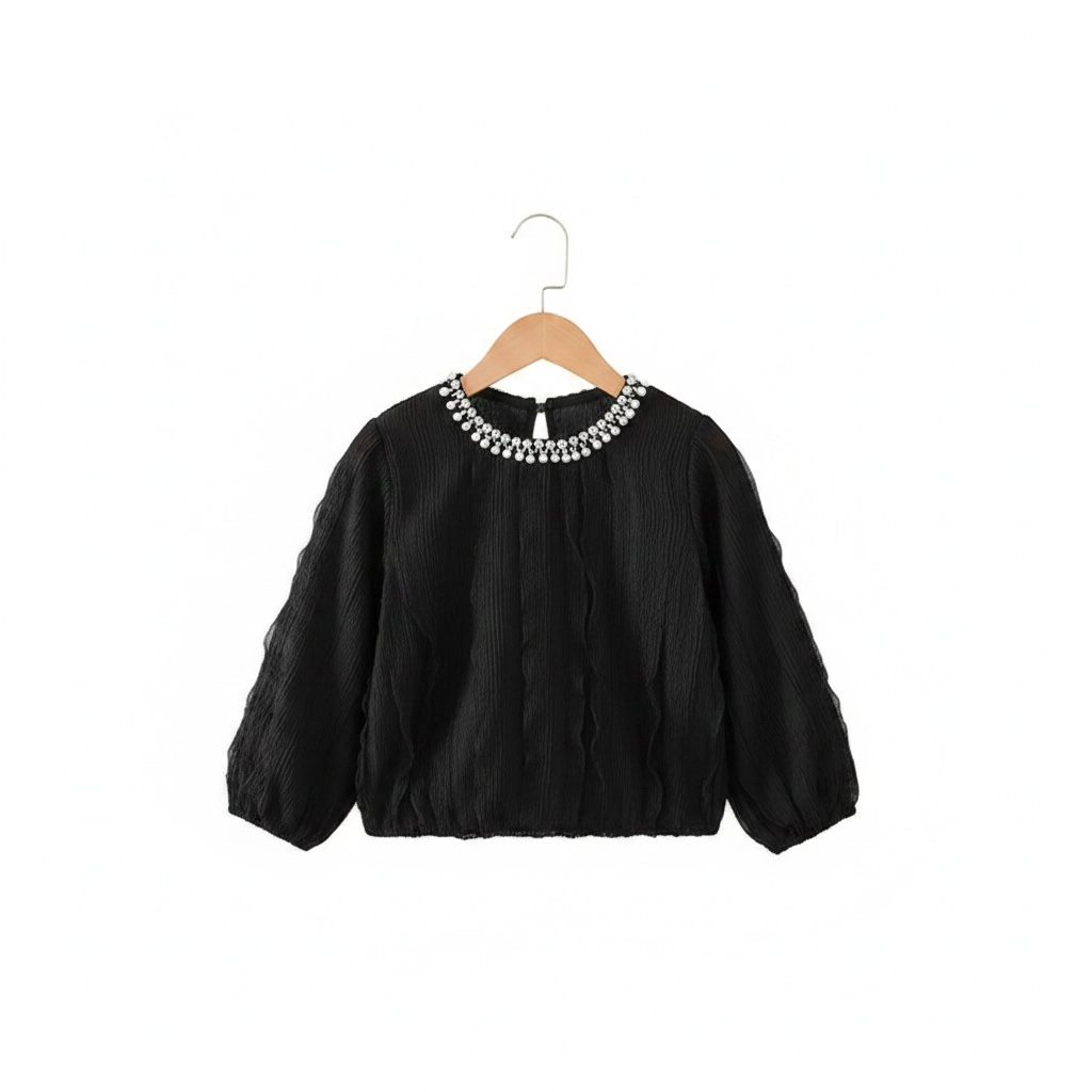 Pearl Neckline Textured Chiffon Top – Black