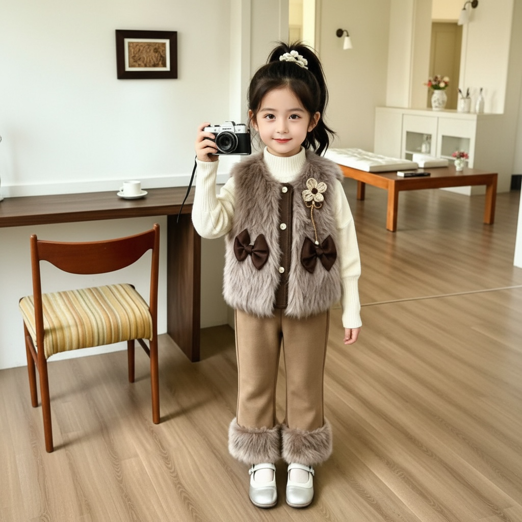Girls Faux Fur 3-Piece Set - Bow Vest, Inner Top & Trousers