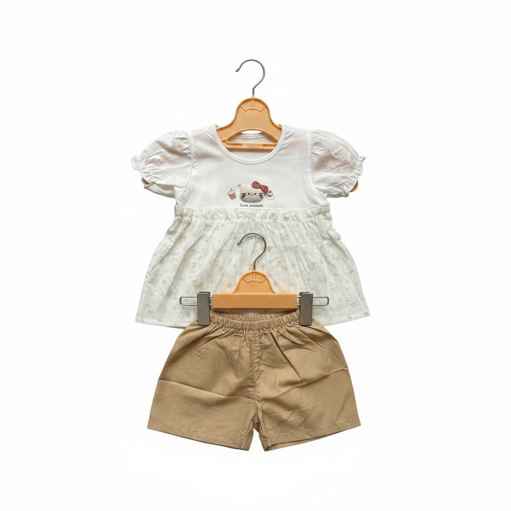 Kitty Appliqué Top & Khaki Shorts Set