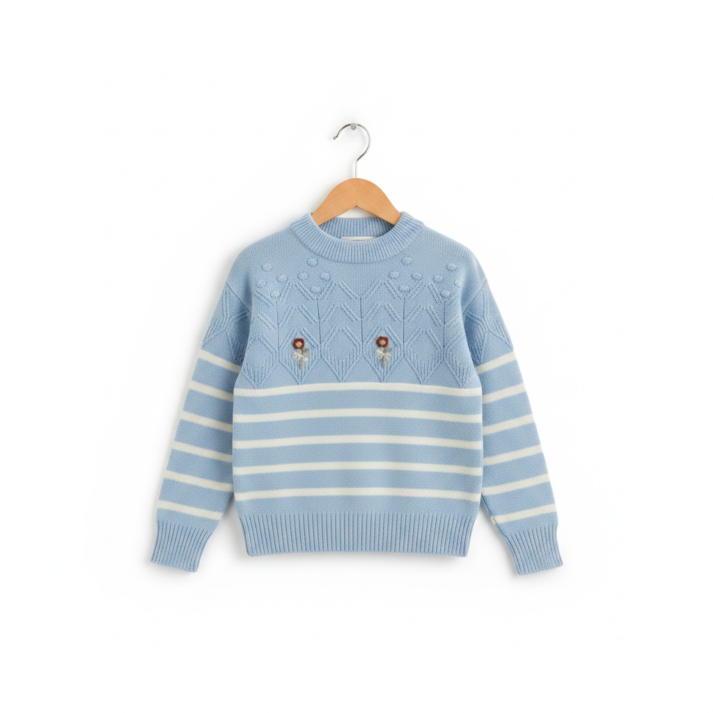 Floral Striped Knit Sweater with Textured Yoke