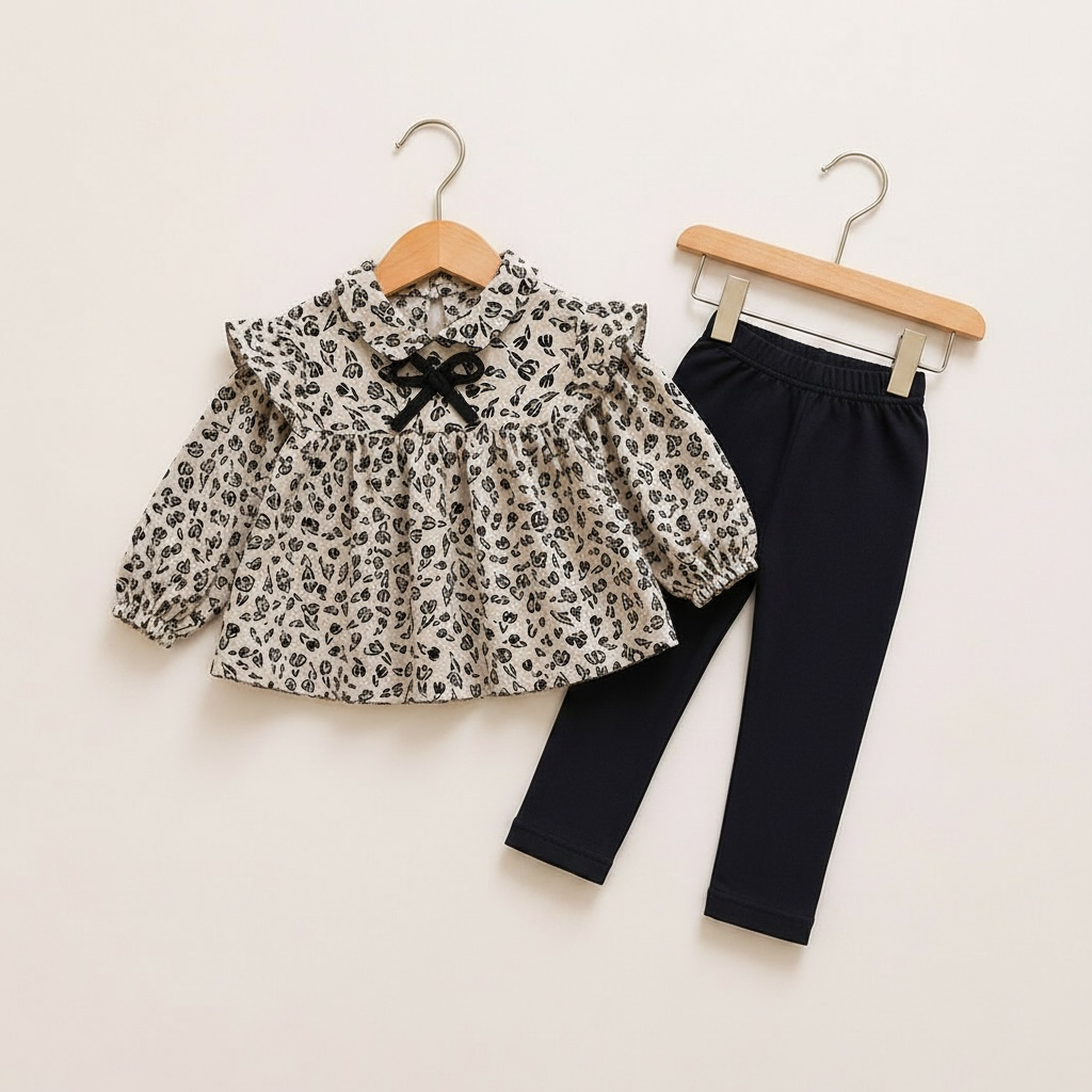 Floral Print Ruffle Top & Leggings Set - Ivory & Black