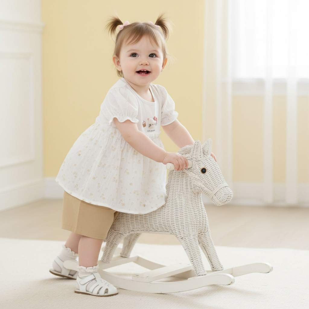 Kitty Bow Frill Top & Khaki Shorts – Girls 2-Piece Cotton Set