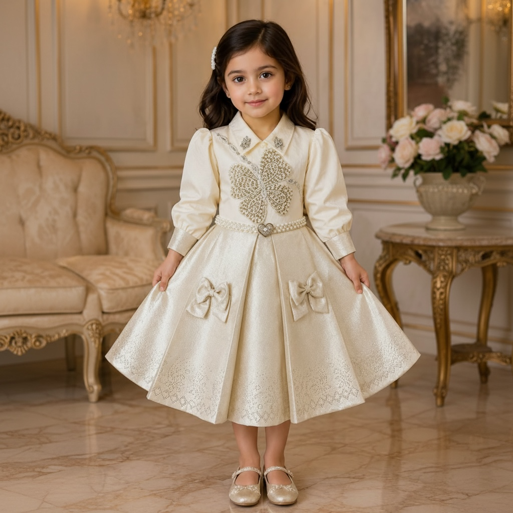 Girls Pearl Embellished Pleated Party Frock - Ivory