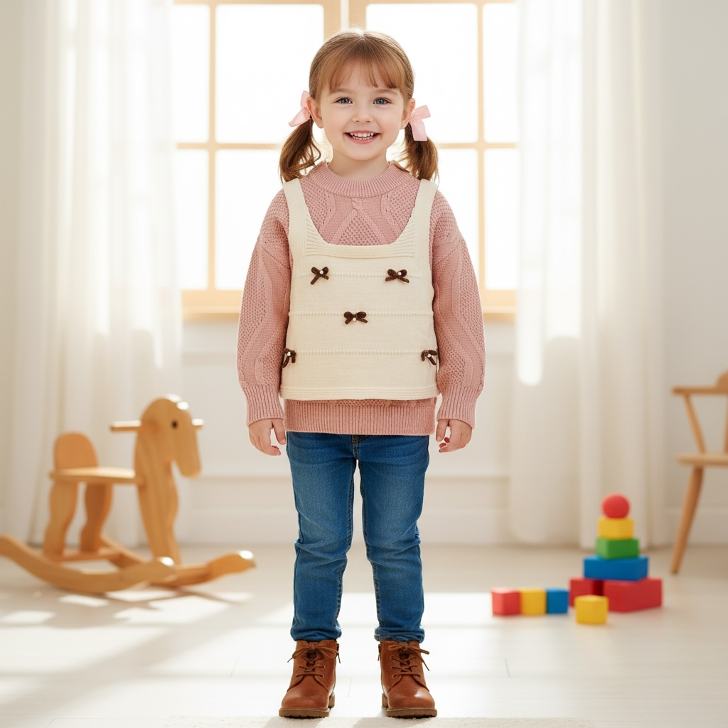 Girl wearing cream knit bow vest over dusty pink cable knit sweater with jeans