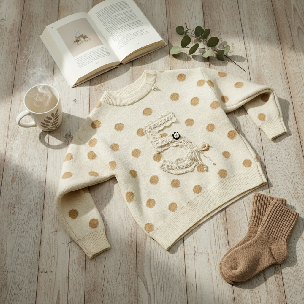 Polka Dot Knit Sweater with Lace Appliqué