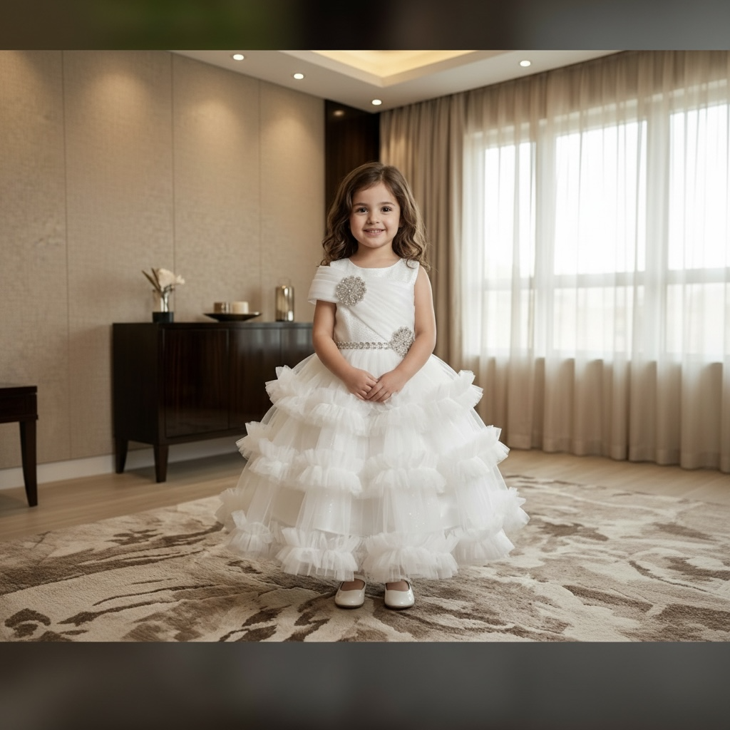 Girls Tiered Ruffle Tulle Party Frock - White