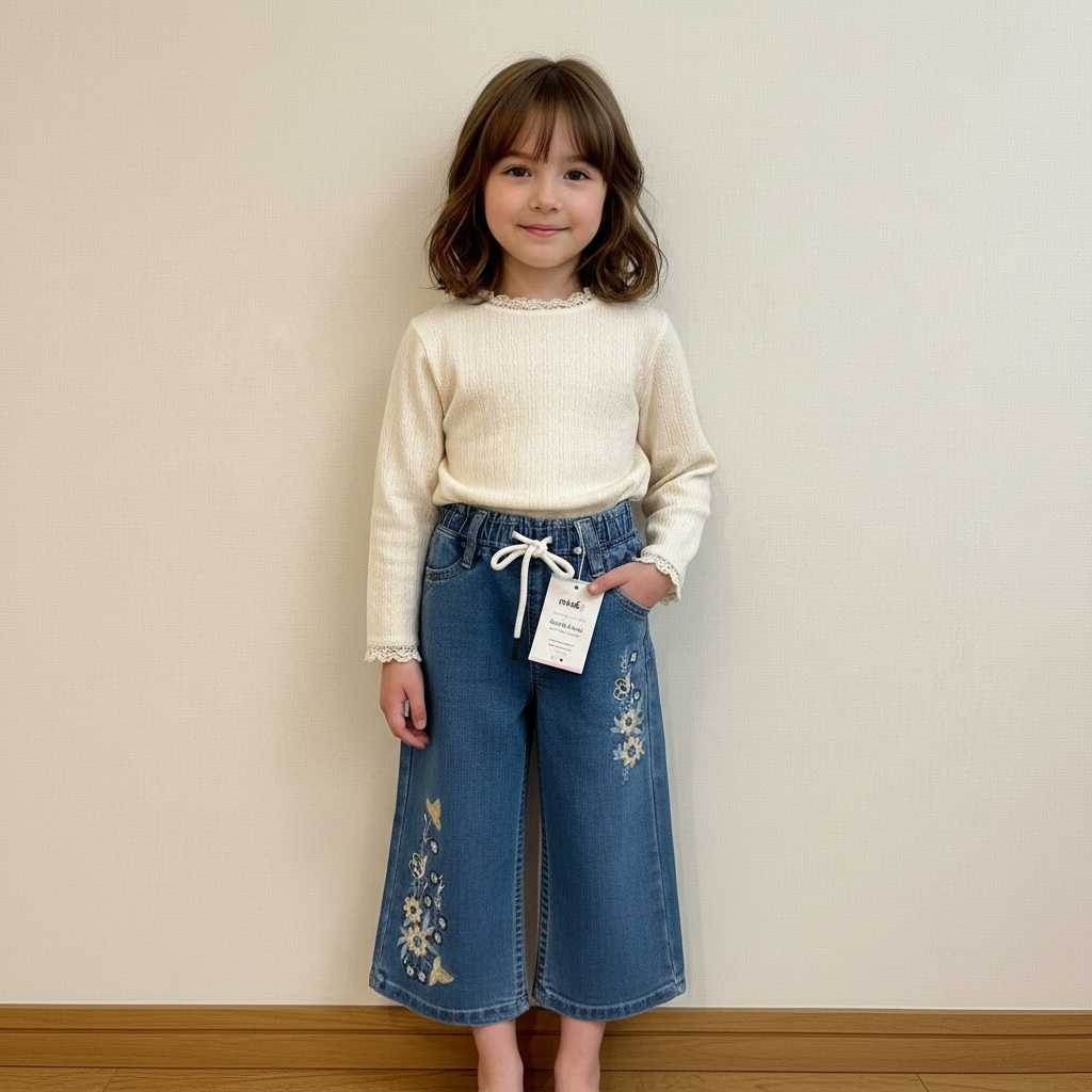 Girls Floral Embroidered Wide-Leg Jeans – Mid Blue