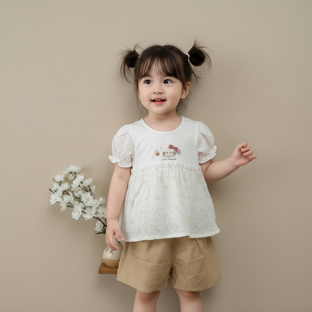 Kitty Bow Frill Top & Khaki Shorts – Girls 2-Piece Cotton Set