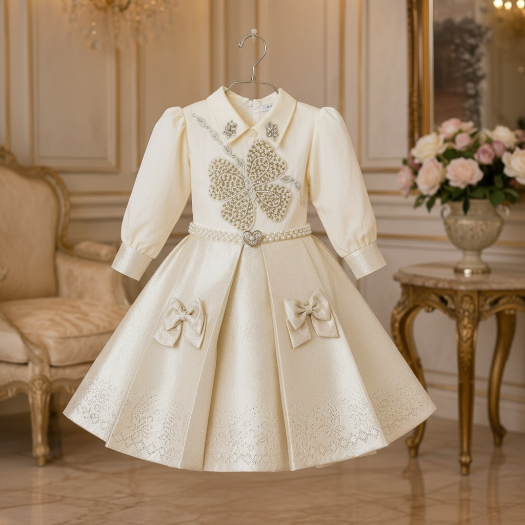 Girls Pearl Embellished Pleated Party Frock - Ivory