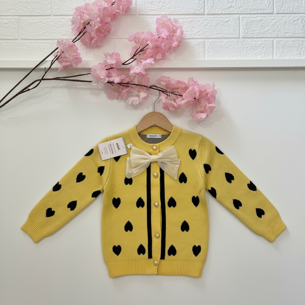 Girls Heart Knit Cardigan Jersey – Yellow with Bow