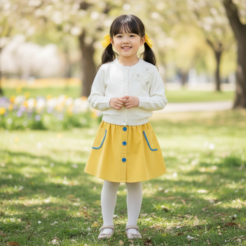 Ivory Pearl-Detail Knit Cardigan & Yellow Button Skirt Set