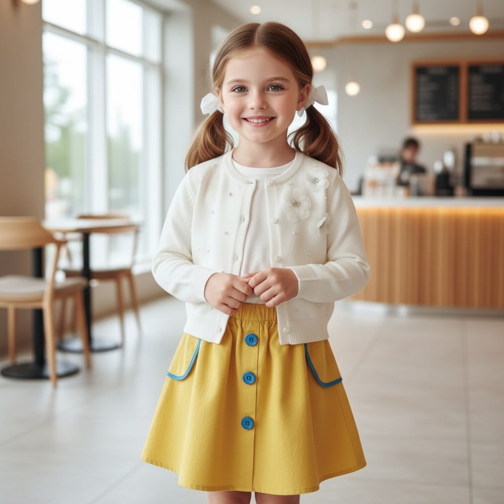 Ivory Pearl-Detail Knit Cardigan & Yellow Button Skirt Set