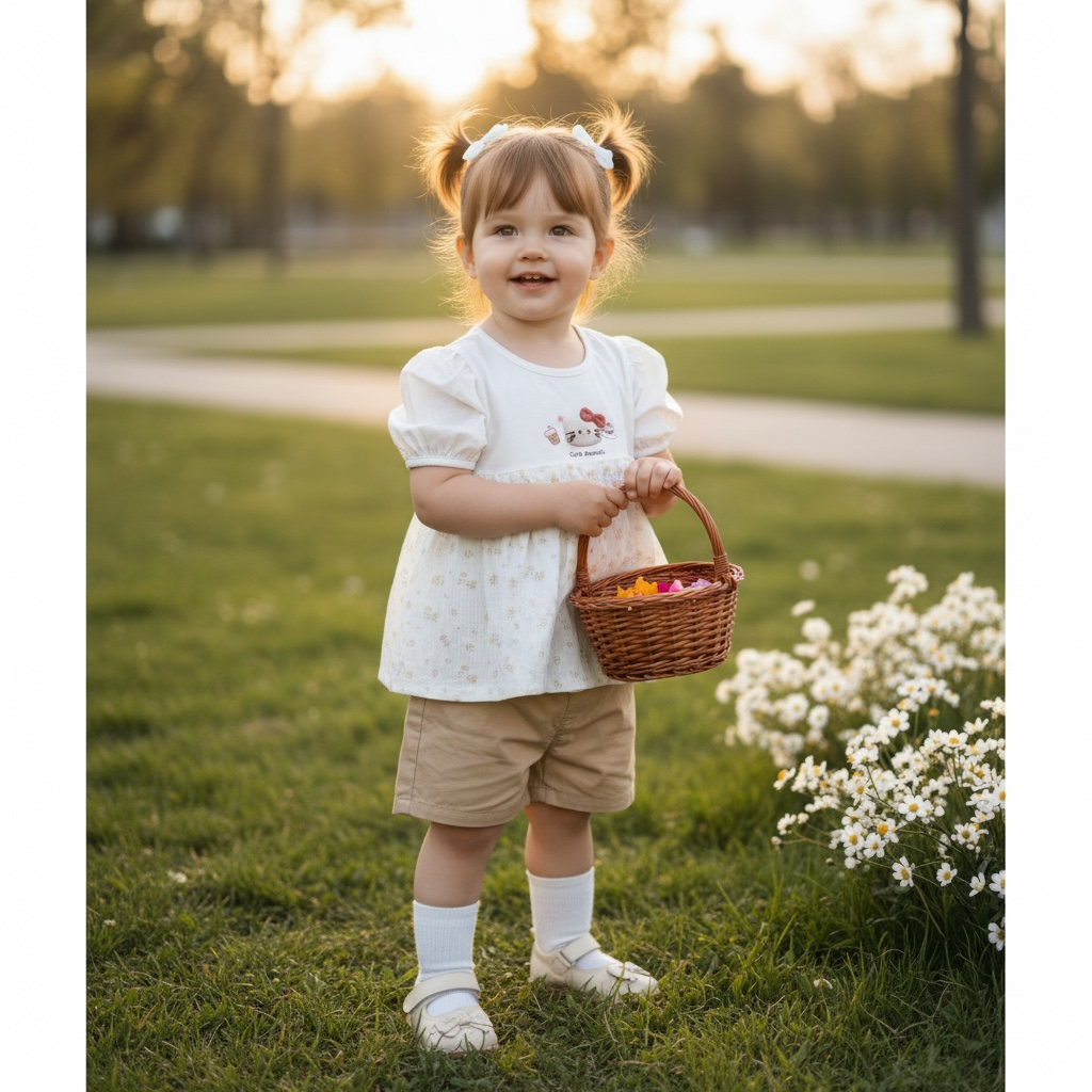 Kitty Appliqué Top & Khaki Shorts Set
